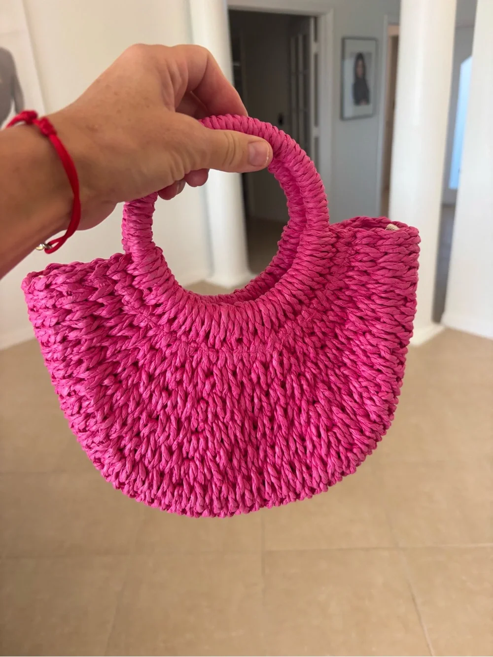 Handwoven Pink Straw Tote Bag